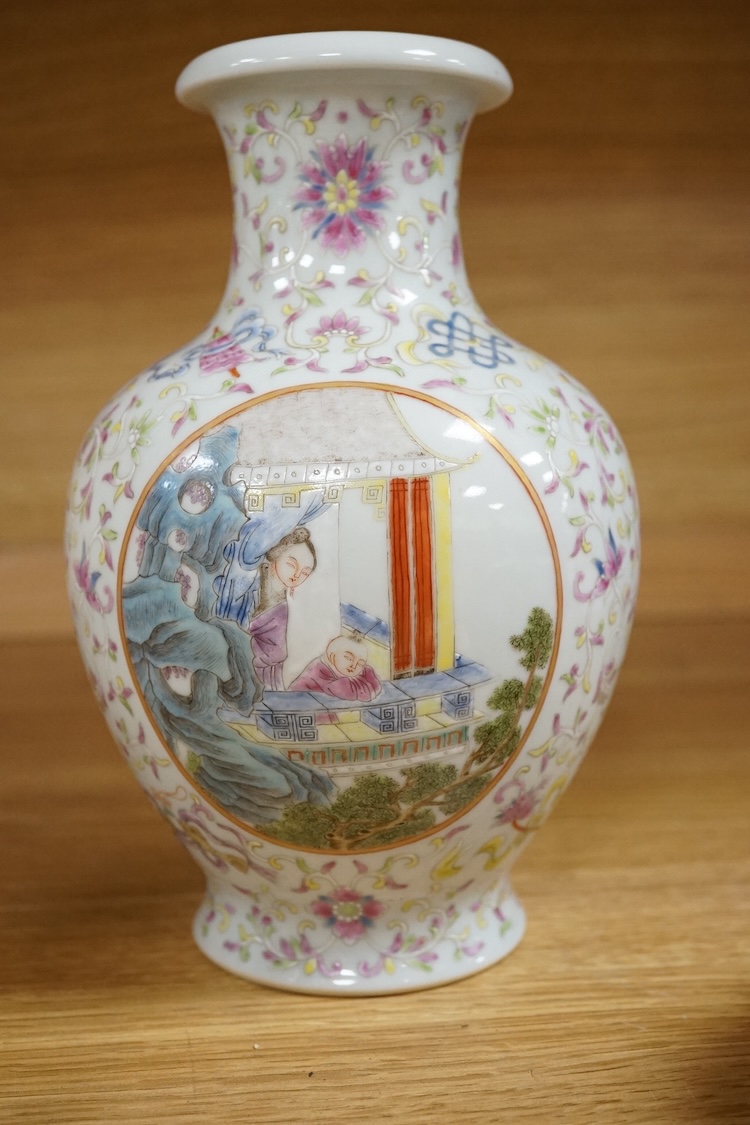 A Chinese famille rose vase, a powder box and an enamelled vase, largest 21cm high